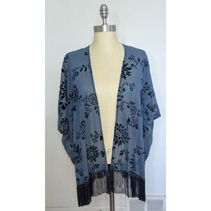 Hollister Velvet Burnout Open Front Kimono Cardigan Fringe Boho Festival Size OS